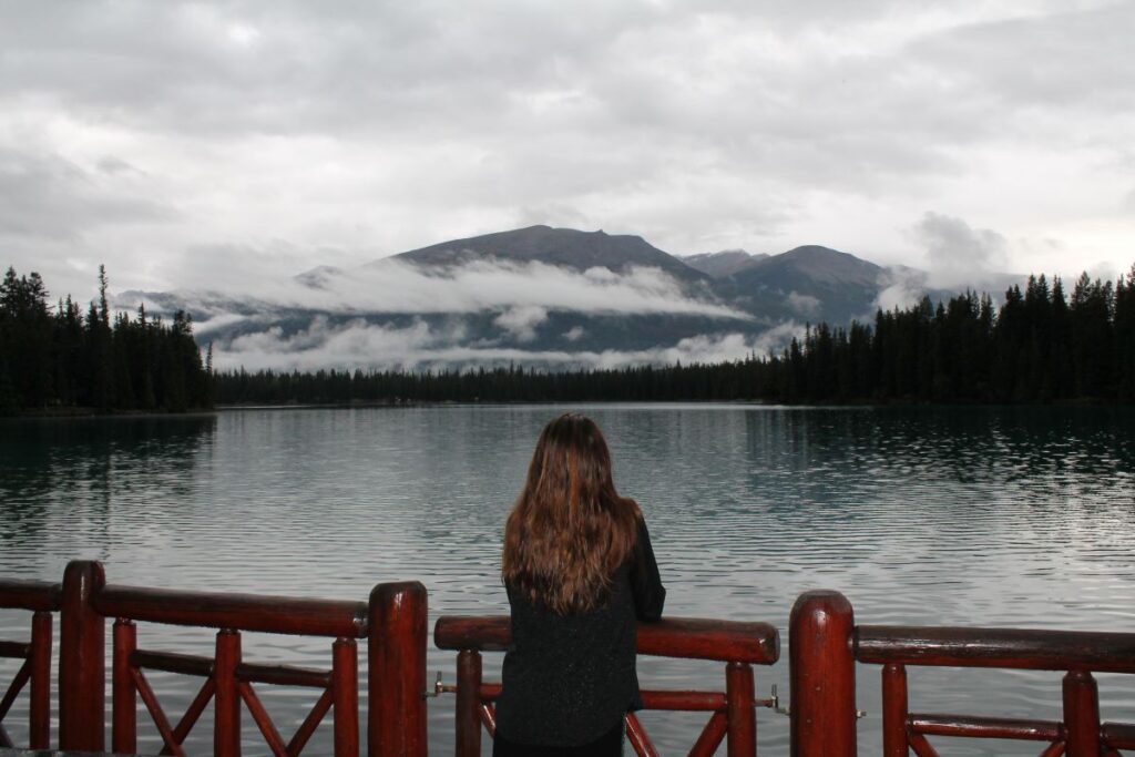lady looking at lake fairmont jasper park