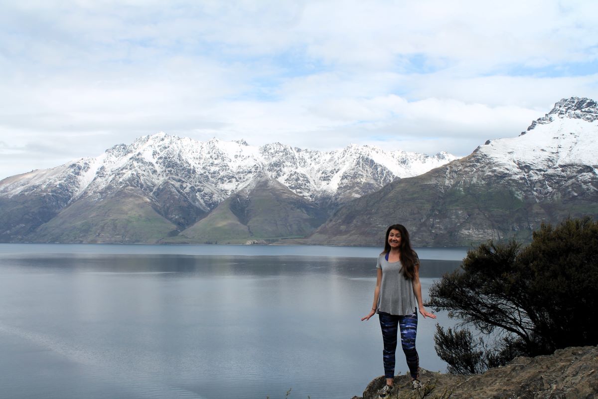 lady at picnic point queenstown in winter
