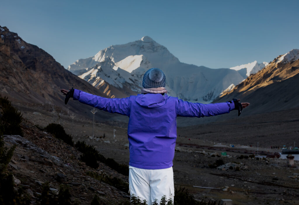 man posing tibet everest base camp view